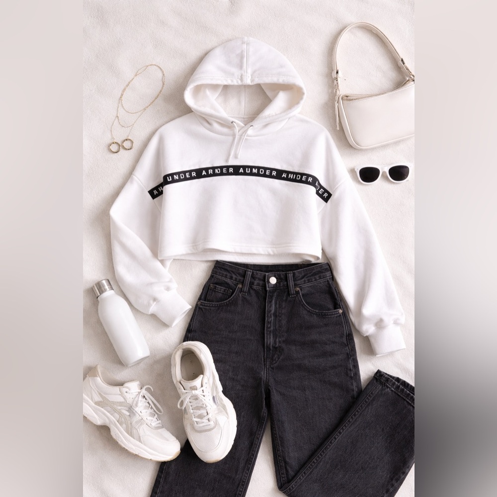 Under Armour White Logo Tape Hoodie Loose Fit Women’s Medium Athleisure Fleece - Picture 8 of 12
